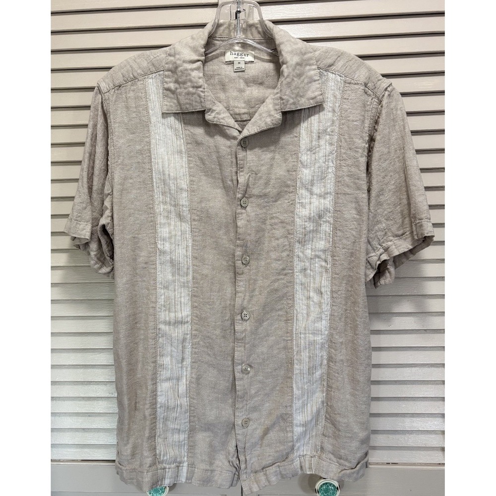 Haggar Short Sleeve Button Up Collared Size Medium Linen Tan/White